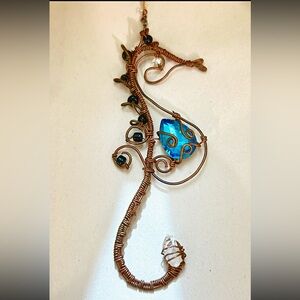 Handmade Seahorse Wire Wrapped Copper Wall Art with Blue Crystal & Quartz